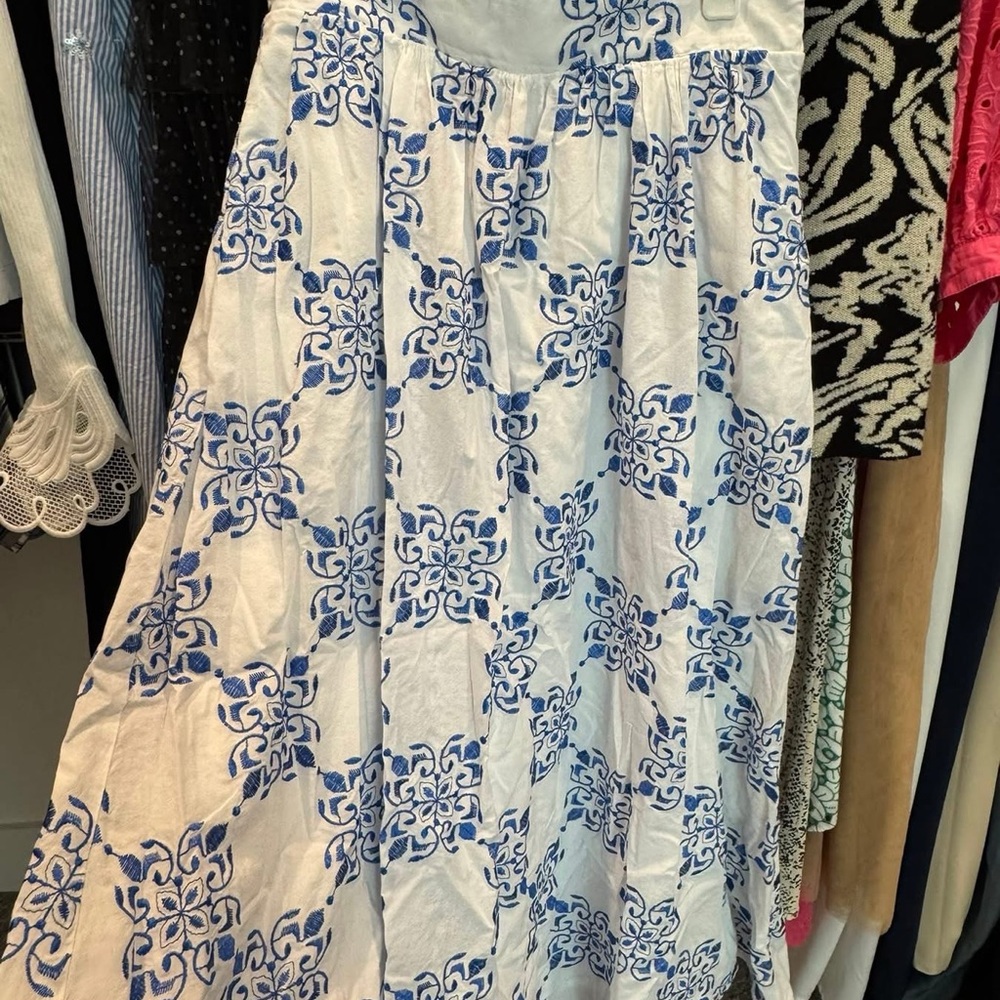 Mango White Maxi Skirt with Blue Tile Print